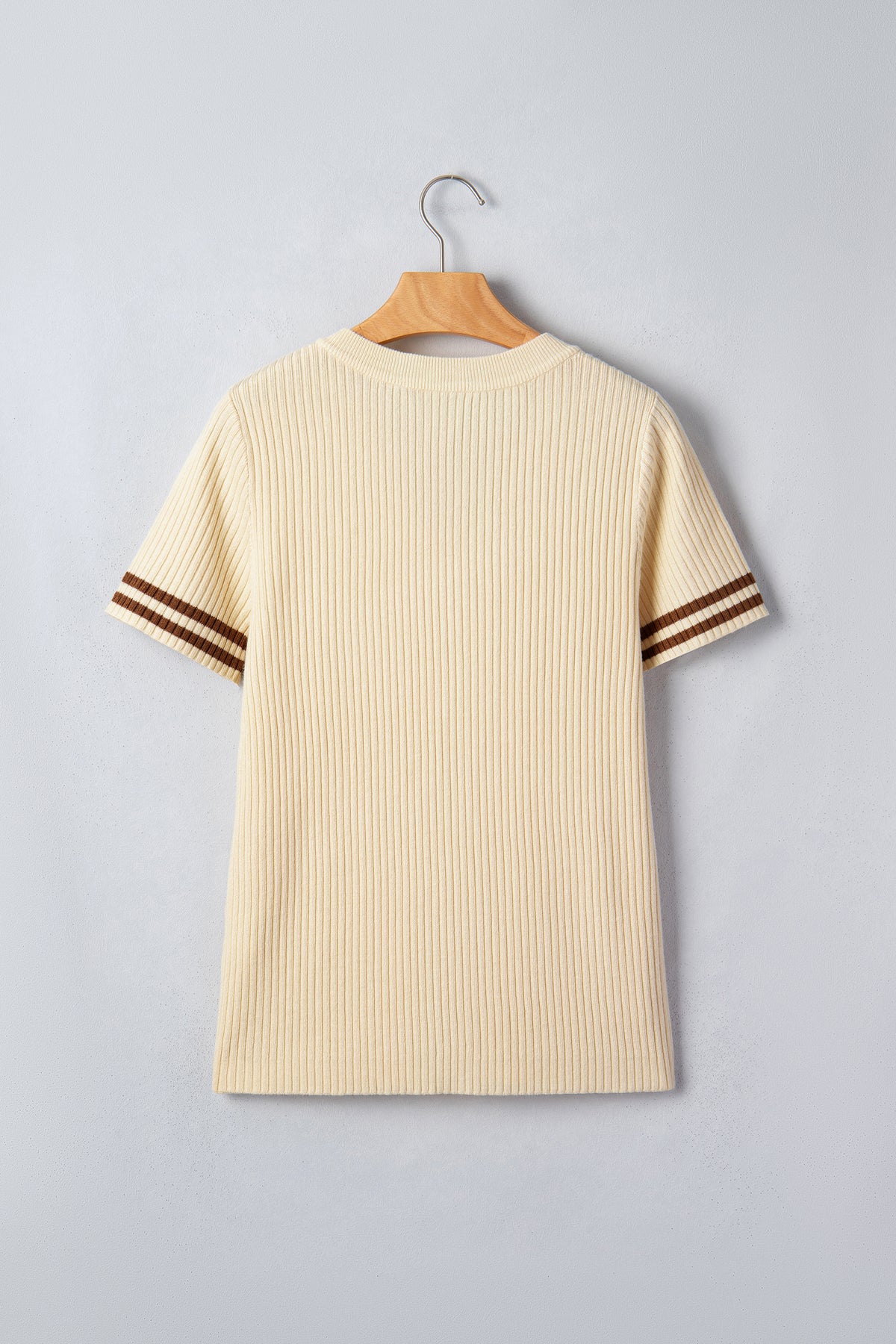 KaleaBoutique Comfortable V Neck Ribbed Knit Striped Trim Short Sleeve Sweater - KaleaBoutique.com