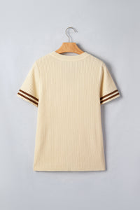 KaleaBoutique Comfortable V Neck Ribbed Knit Striped Trim Short Sleeve Sweater - KaleaBoutique.com