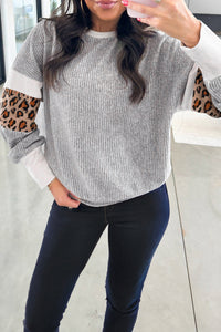 Leopard Print Colorblock Patchwork Ribbed Knit Top - KaleaBoutique.com