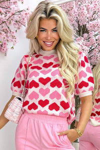 KaleaBoutique Comfortable 2-tone Heart Print Valentine Crew Neck Short Sleeve Sweater - KaleaBoutique.com