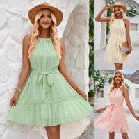 Women's Textured Halter-Neck Tie-Waist Ruffle-Hem Mini Dress - KaleaBoutique.com