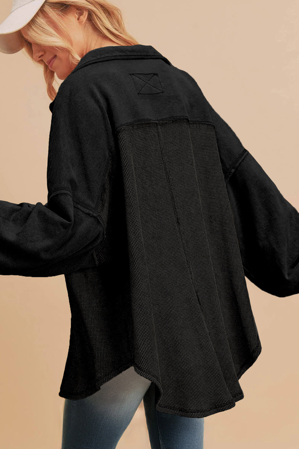 Waffle Knit Patchwork Exposed Seam Loose Shacket - KaleaBoutique.com