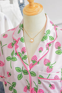 KaleaBoutique Stylish Striped Strawberry Print Lapel Shirt Drawstring Shorts 2pcs Pajama Set - KaleaBoutique.com
