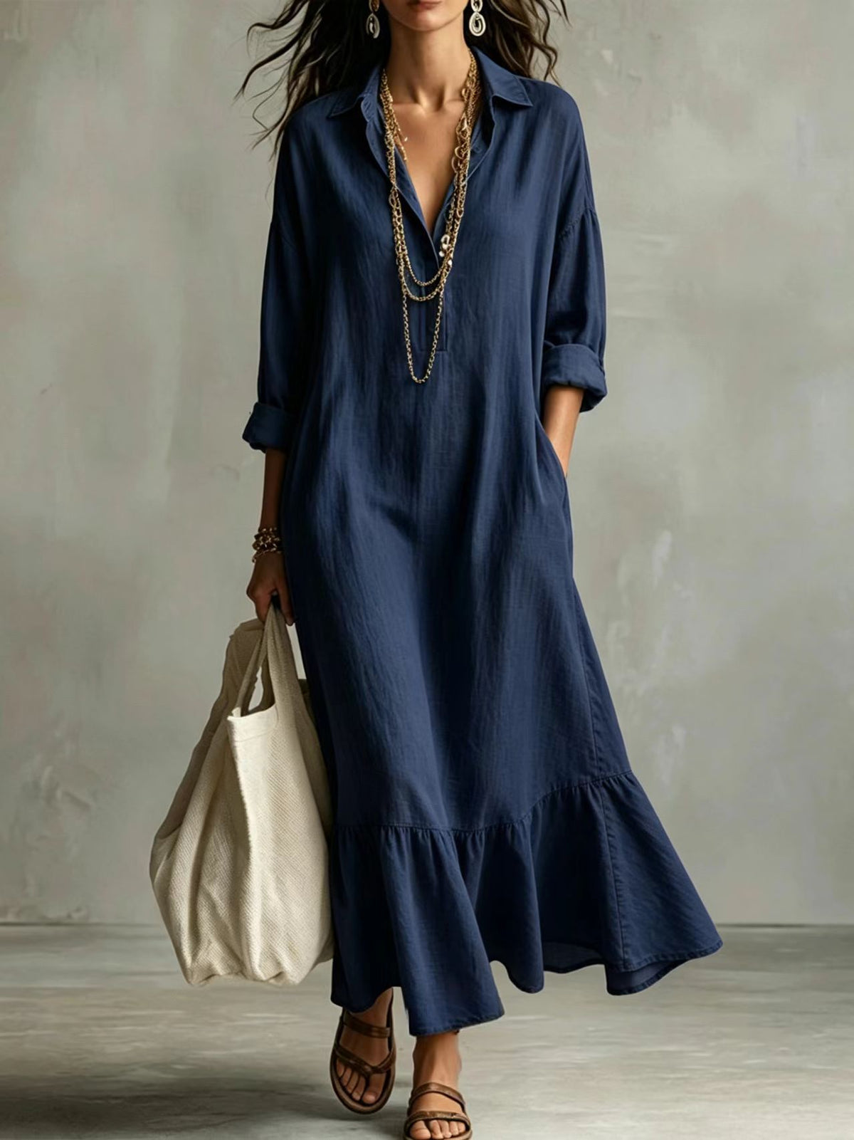 Women's Collared Long-Sleeve Ruffle-Hem Maxi Shirt Dress - KaleaBoutique.com