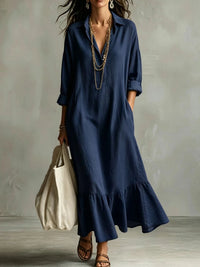 Women's Collared Long-Sleeve Ruffle-Hem Maxi Shirt Dress - KaleaBoutique.com