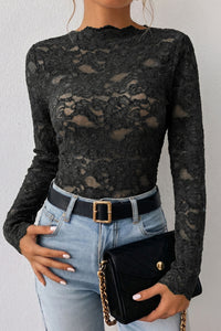 KaleaBoutique Stylish Elegant Stand Neck Lace Long Sleeve Top - KaleaBoutique.com
