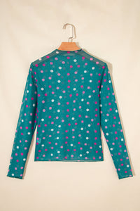KaleaBoutique Stylish Polka Dot Patterned Bodycon Mock Neck Mesh Long Sleeve Top - KaleaBoutique.com