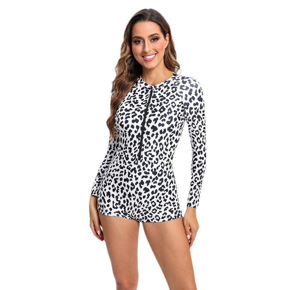 Women's Leopard Print Long-Sleeve Zip-Front One-Piece Swimsuit - KaleaBoutique.com