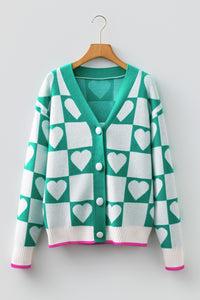 KaleaBoutique Comfortable Plaid Heart Knit V Neck Button Down Sweater Cardigan - KaleaBoutique.com