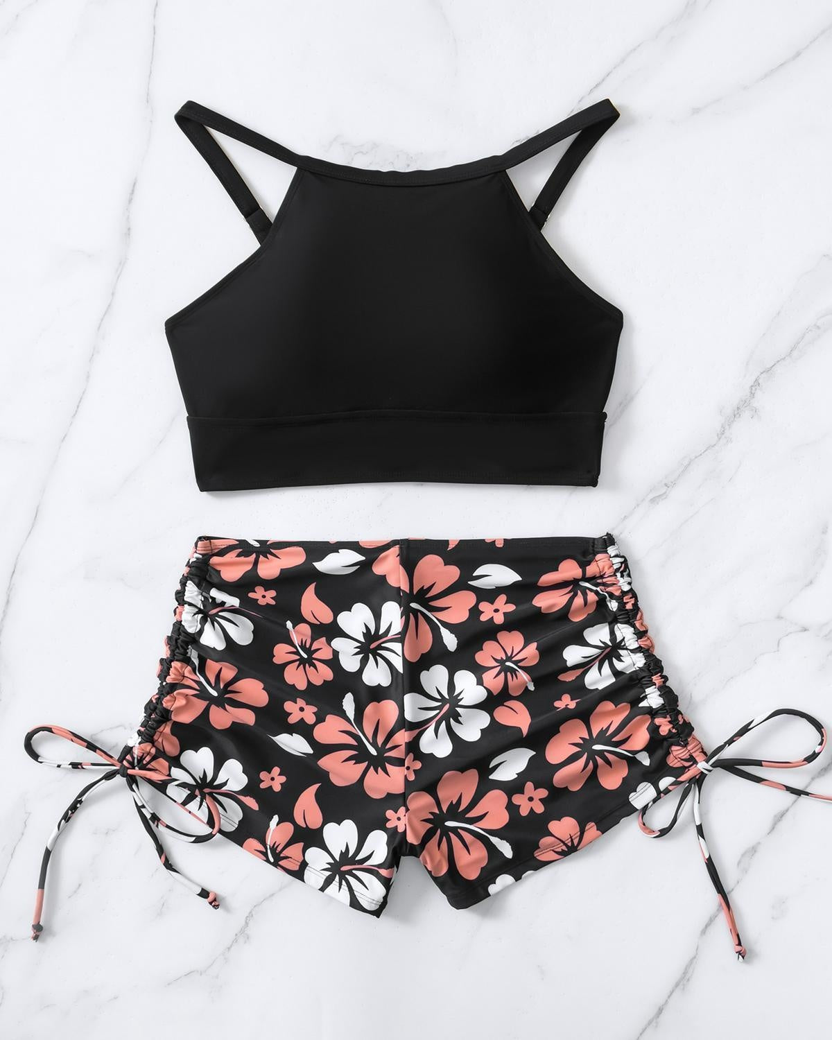 Women's High-Neck Swim Top and Floral Side-Tie Shorts 2 PC Tankini Set - KaleaBoutique.com