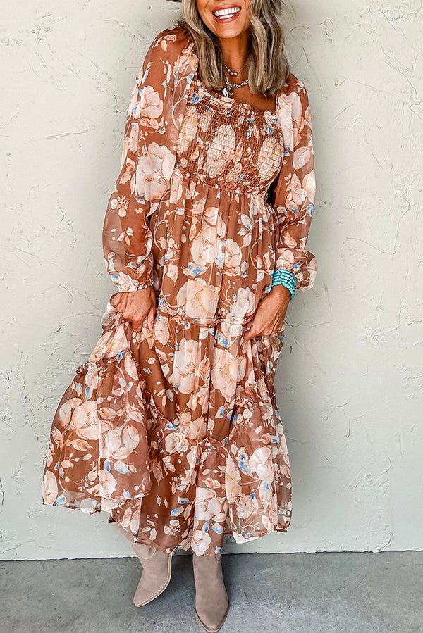 KaleaBoutique Beautiful Floral Print Shirred Square Neck High Waist Maxi Dress - KaleaBoutique.com