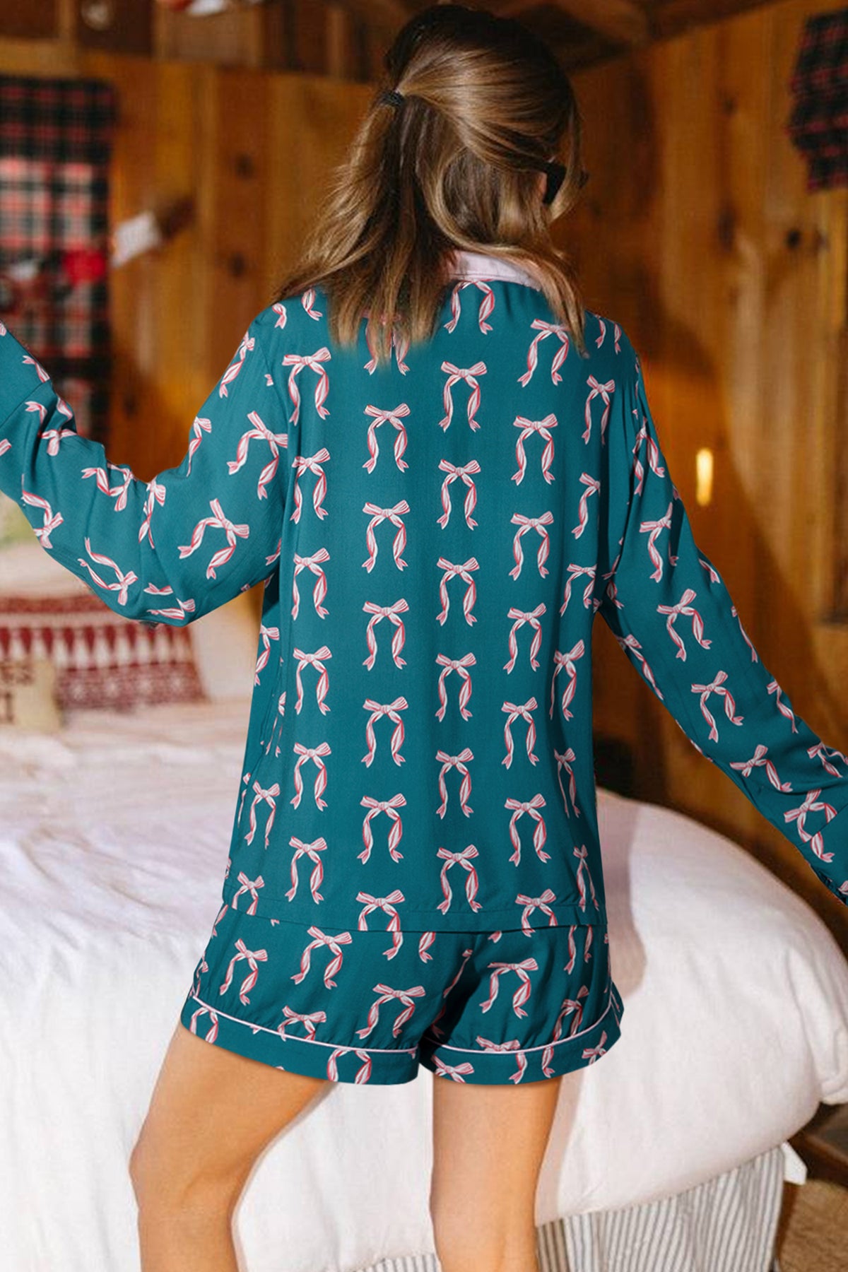 KaleaBoutique Stylish Ribbon Bow Print Silky Long Sleeve Shirt and Shorts 2pcs Pajama Set - KaleaBoutique.com