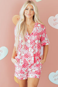 KaleaBoutique Comfortable Heart Print Shirt Style Silky Short Pajama Set - KaleaBoutique.com