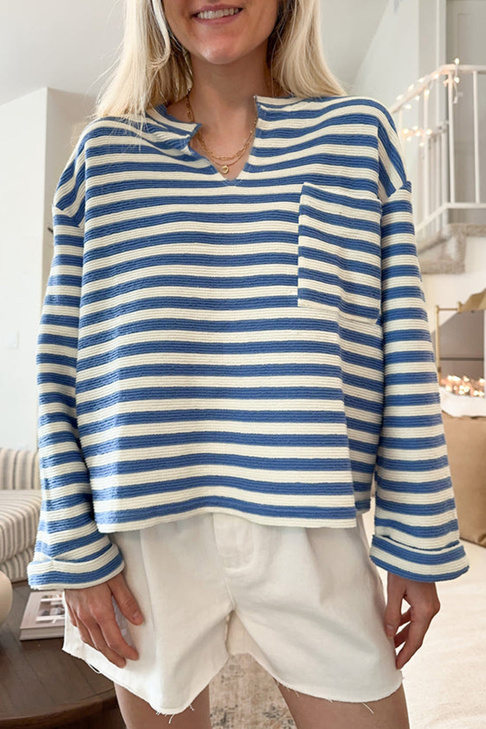 KaleaBoutique Comfortable Chest Pocket Buttoned Back Notched V Neck Top - KaleaBoutique.com