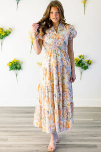 KaleaBoutique Comfortable Floral Bubble Sleeve V Neck Flared Maxi Dress - KaleaBoutique.com