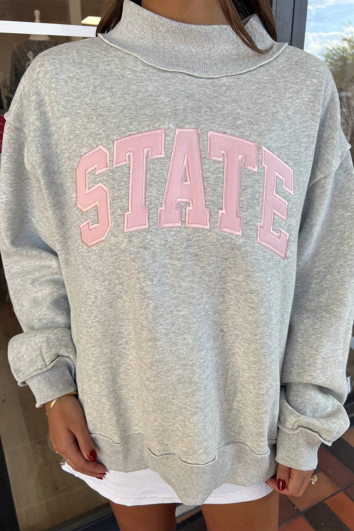 KaleaBoutique Comfortable Exposed Seam Mock Neck STATE Letter Graphic Loose Sweatshirt - KaleaBoutique.com