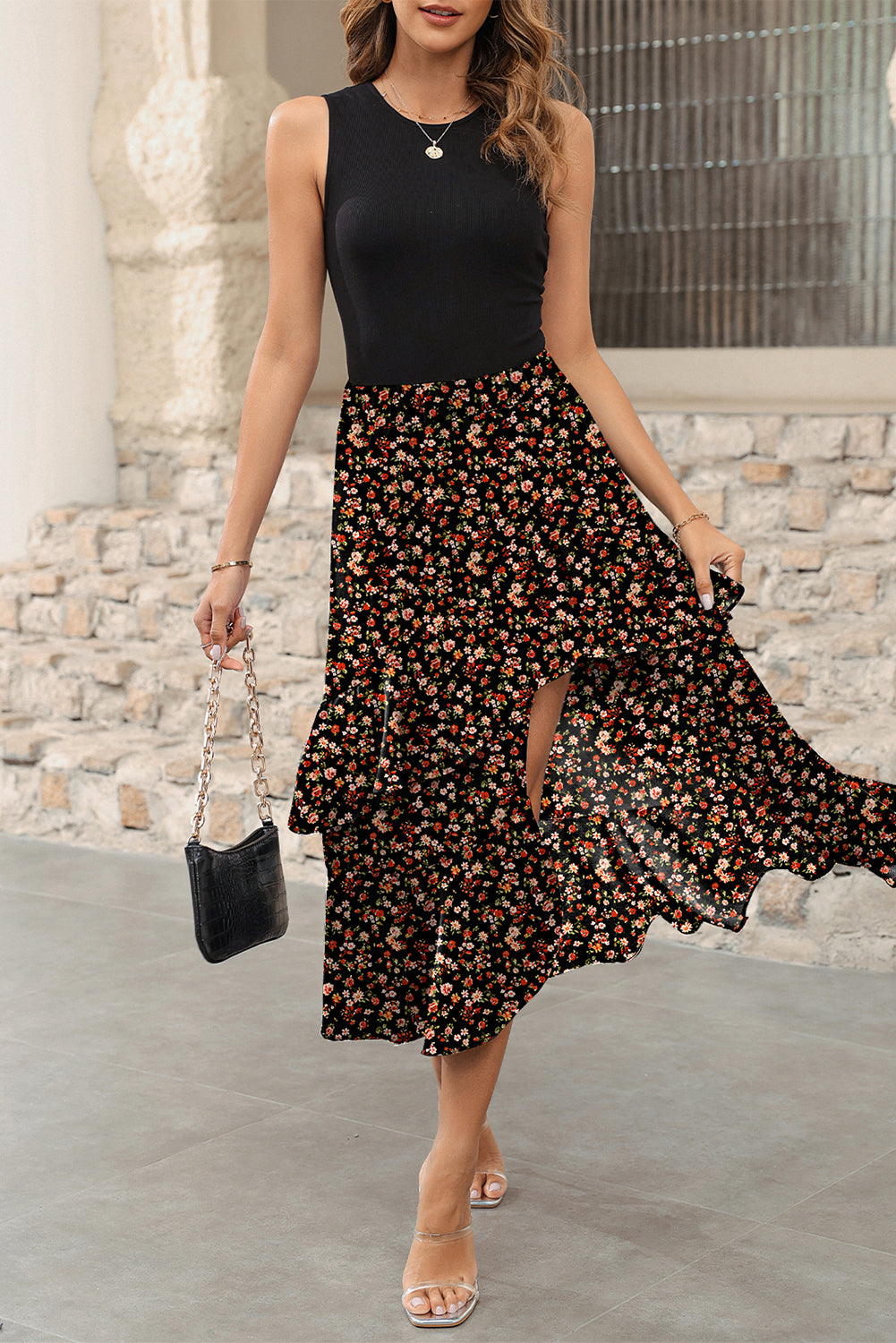 KaleaBoutique Floral Patchwork Asymmetric Ruffle Skirt Solid Tank Bodice Cocktail Dress - KaleaBoutique.com