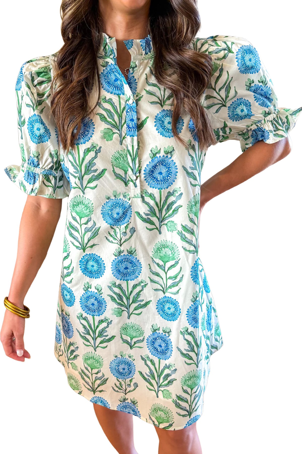KaleaBoutique Comfortable Floral Print Half Button Frilly Short Sleeve Dress - KaleaBoutique.com