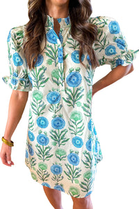 KaleaBoutique Comfortable Floral Print Half Button Frilly Short Sleeve Dress - KaleaBoutique.com