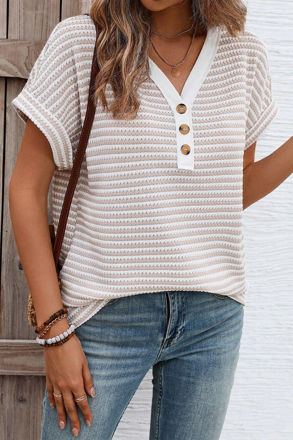 KaleaBoutique Stylish Buttoned Front V Neck Knitted T Shirt - KaleaBoutique.com