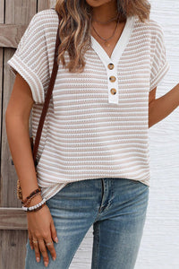 KaleaBoutique Stylish Buttoned Front V Neck Knitted T Shirt - KaleaBoutique.com