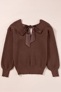 KaleaBoutique Lantern Sleeve V Neck Knot Back Sweater - KaleaBoutique.com