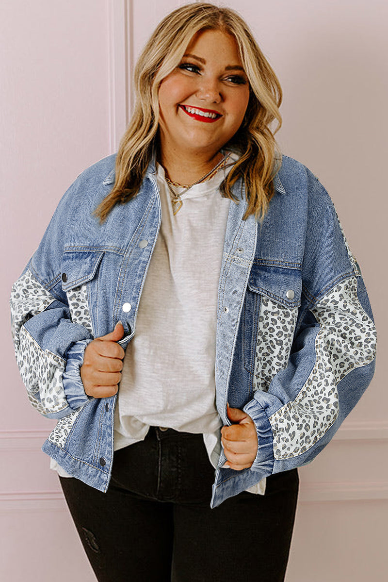 KaleaBoutique Leopard Patchwork Flap Detail Plus Size Denim Jacket - KaleaBoutique.com