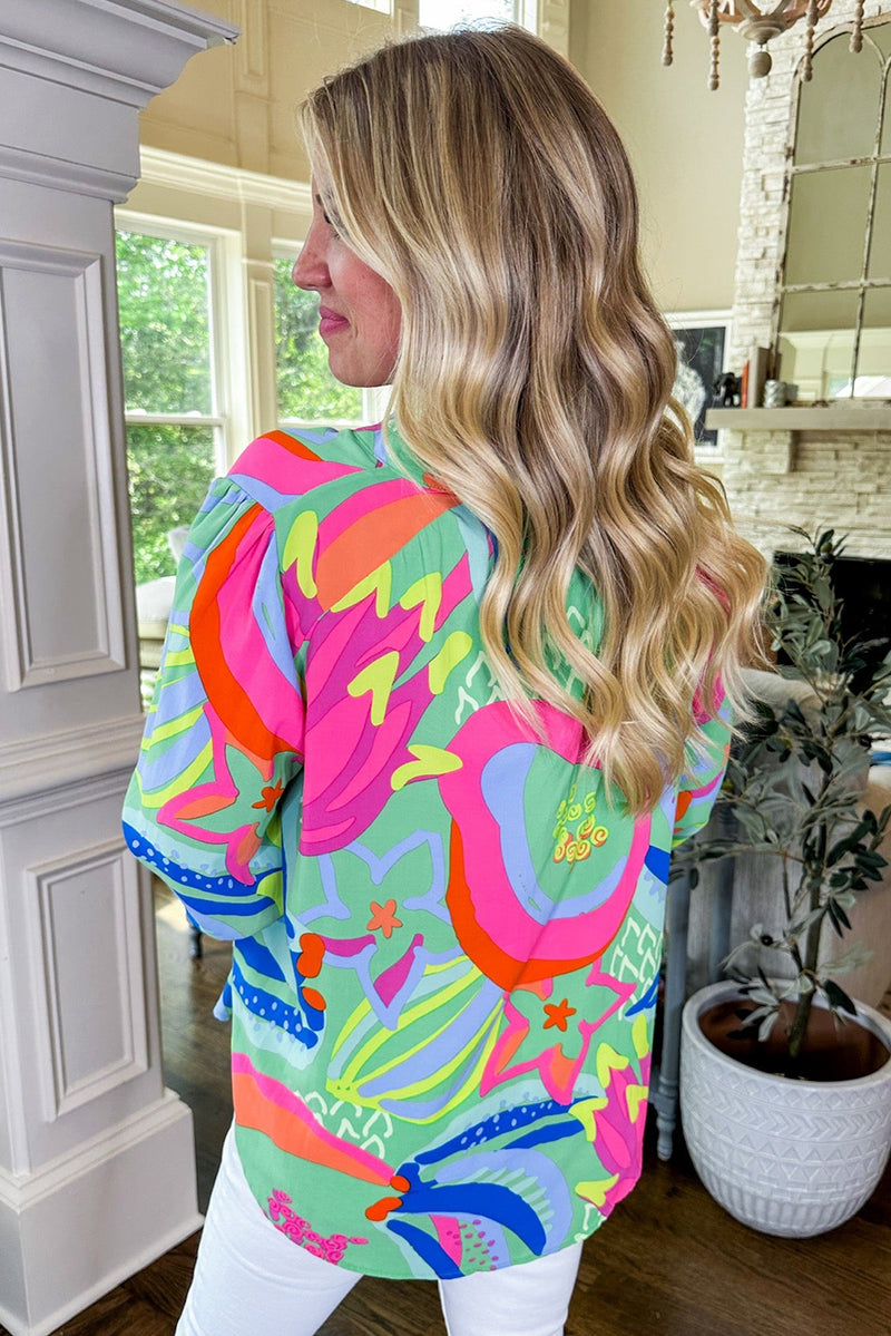KaleaBoutique Abstract Print Ruffled Sleeve Buttoned V Neck Blouse - KaleaBoutique.com