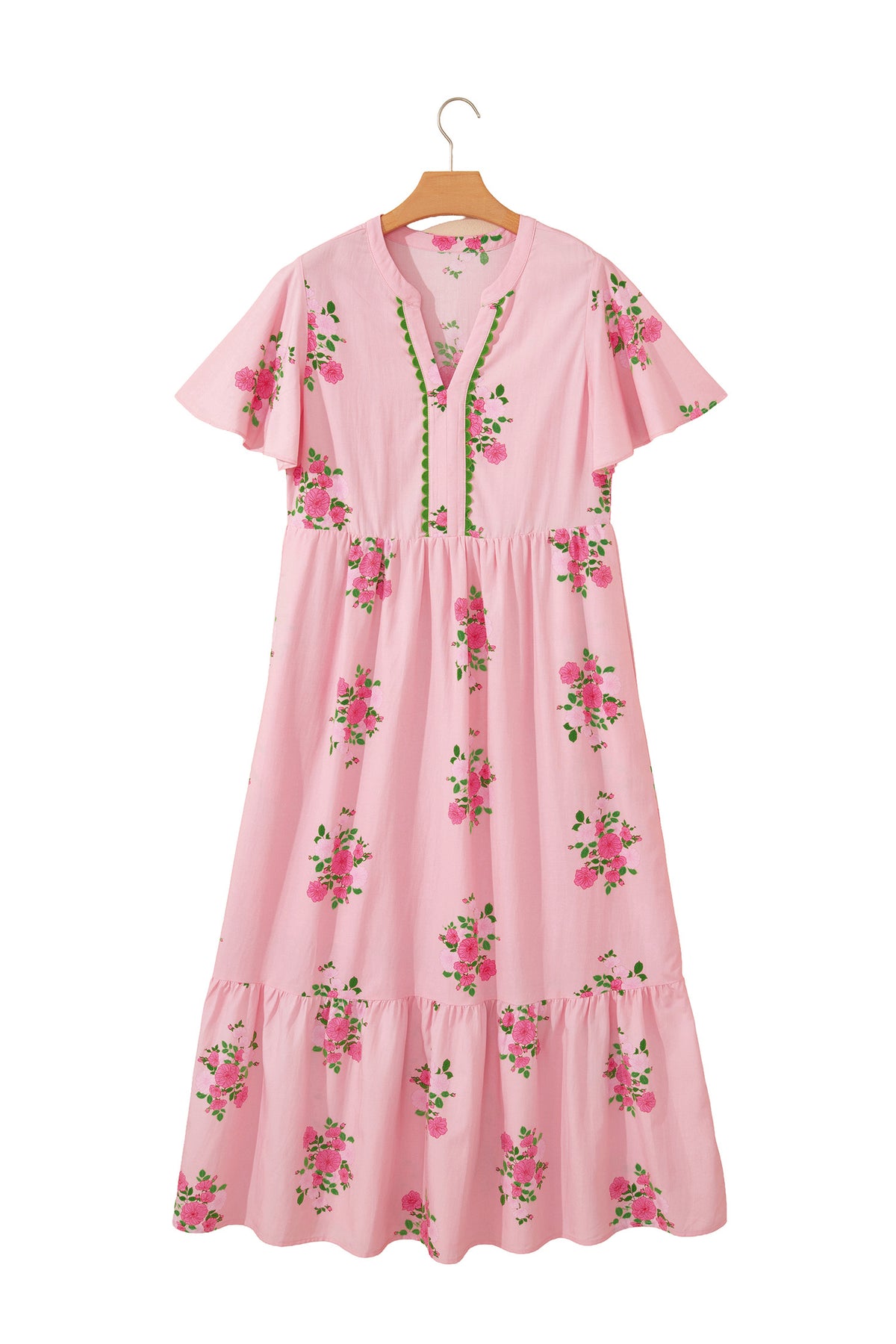 KaleaBoutique Comfortable Notched Neck Flutter Short Sleeve Floral Print Maxi Dress - KaleaBoutique.com