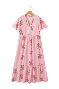 KaleaBoutique Comfortable Notched Neck Flutter Short Sleeve Floral Print Maxi Dress - KaleaBoutique.com