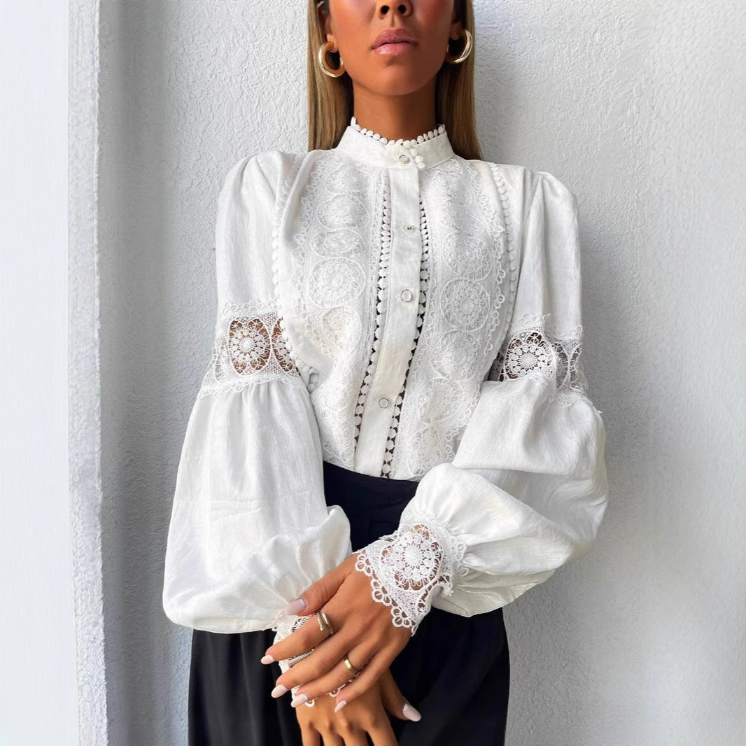 Women's Lace Patchwork Lantern Sleeve Casual Shirt - KaleaBoutique.com