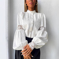 Women's Lace Patchwork Lantern Sleeve Casual Shirt - KaleaBoutique.com