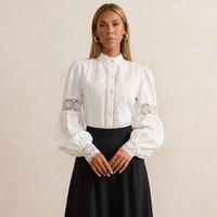 Women's Lace-Panel Lantern-Sleeve Button-Front Blouse