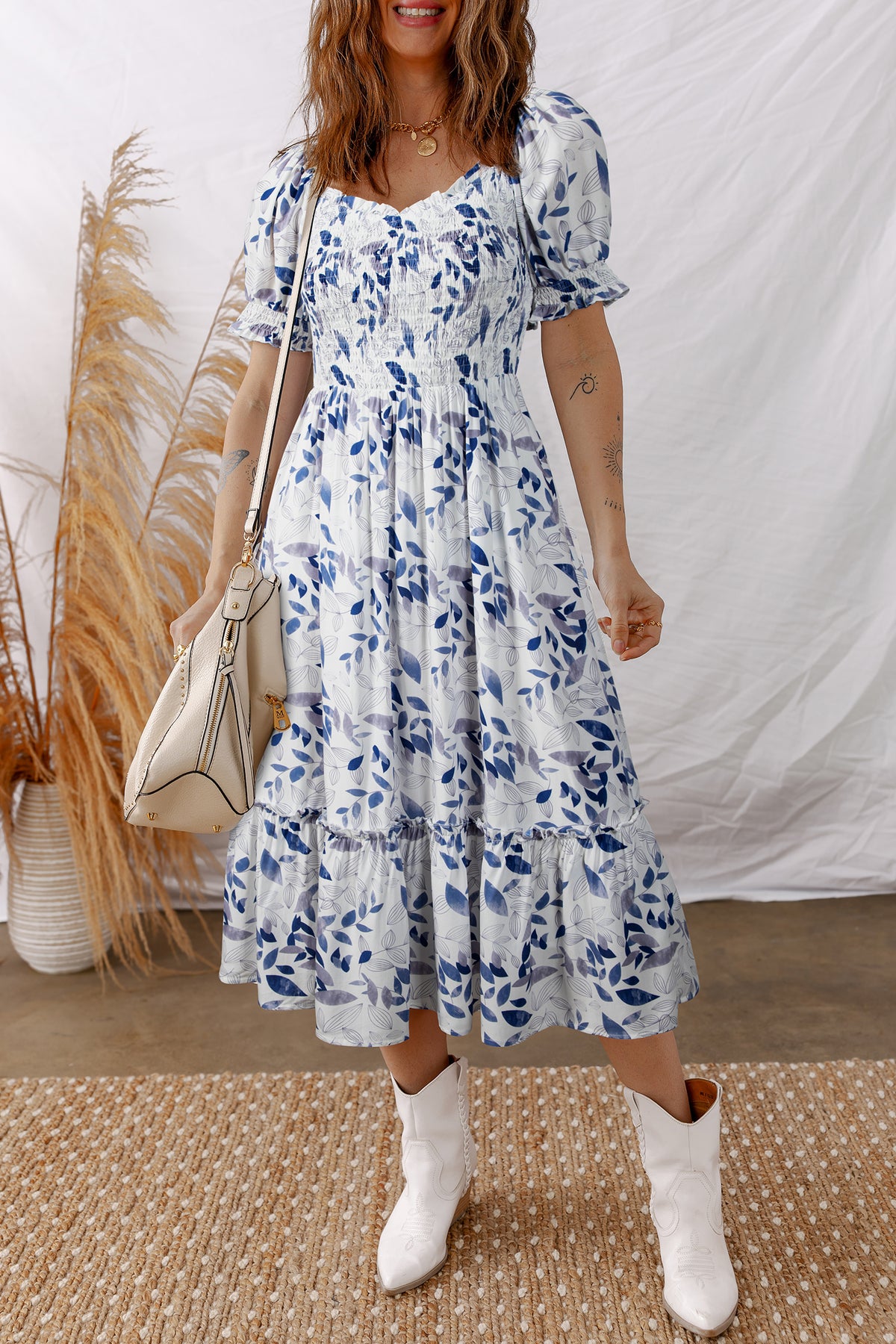Smocked Bodice Short Puff Sleeve Tiered Floral Midi Dress - KaleaBoutique.com