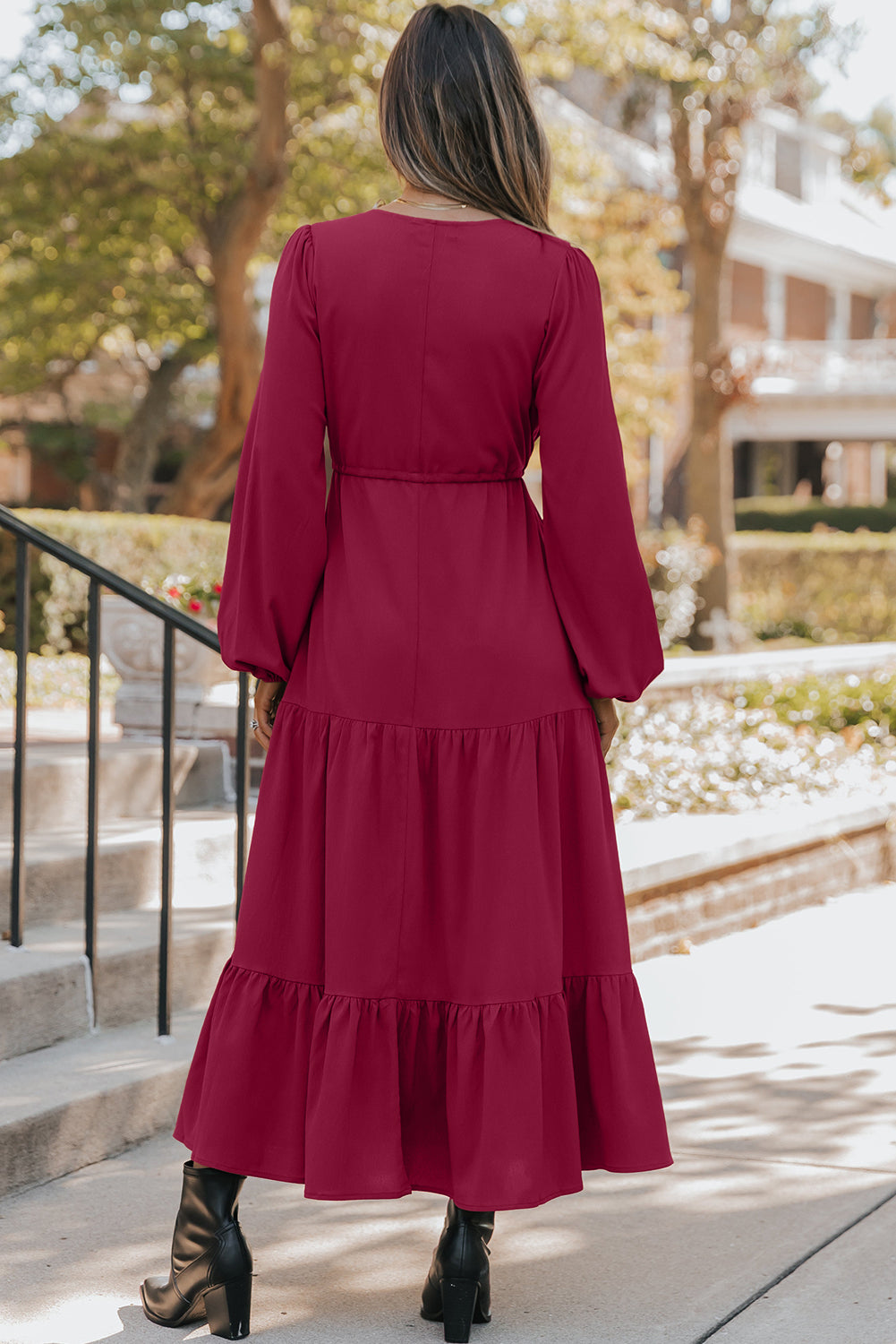 Solid Long Sleeve Button V Neck Tiered Maxi Dress - KaleaBoutique.com