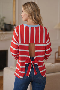 KaleaBoutique Stylish Striped Bow Tie Hollowed Back 7/8 Sleeve Casual T-Shirt - KaleaBoutique.com