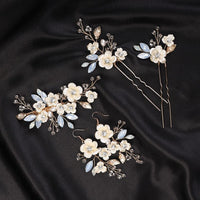 Abalone Flower Opal Gem Bridal Hairpiece, Wedding Floral Headpiece, Crystal Hair Clip and Bridal Earrings - KaleaBoutique.com