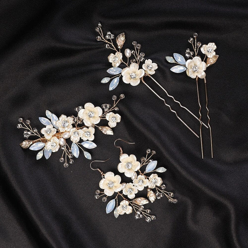 Abalone Flower Opal Gem Bridal Hairpiece, Wedding Floral Headpiece, Crystal Hair Clip and Bridal Earrings - KaleaBoutique.com