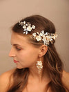 Abalone Flower Opal Gem Bridal Hairpiece, Wedding Floral Headpiece, Crystal Hair Clip and Bridal Earrings - KaleaBoutique.com