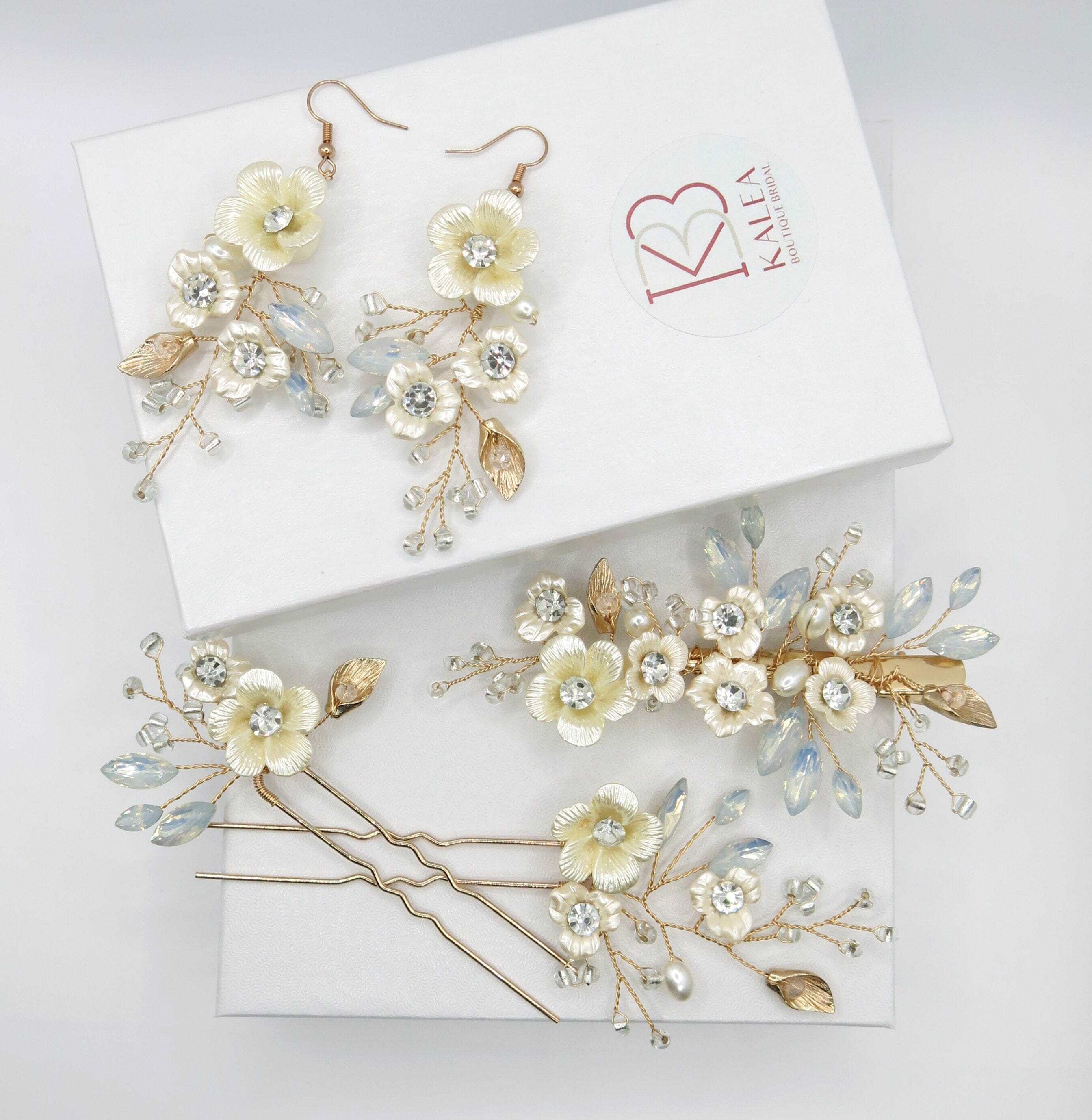 NEW Bridal Hairpiece flower Metal floral opal leaf bridesmaid bride hair set Green Opal Rhinestone Flower Hair Pins for Bride - Set of 3  main image 3