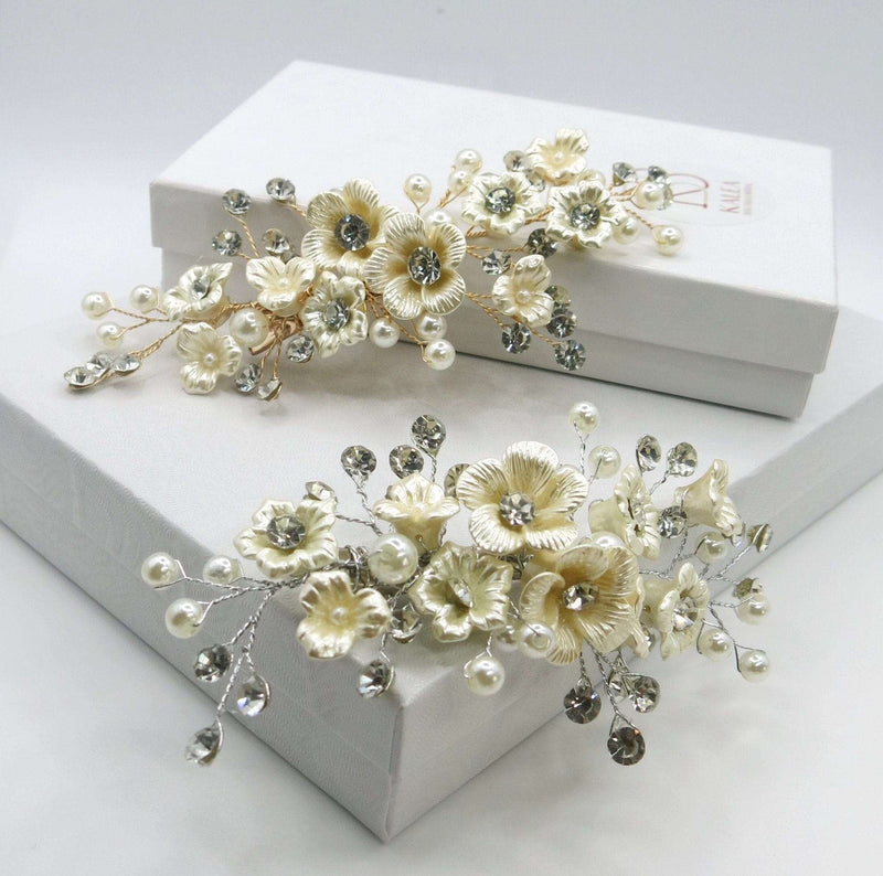 Abalone Pearl Flower Alligator Hairclip, Bridal Rhinestone Hair Accessory, Wedding Crystal Pearl Floral Hair Clip - KaleaBoutique.com