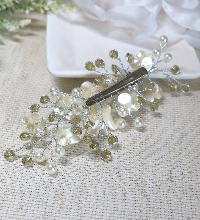 Abalone Pearl Flower Alligator Hairclip, Bridal Rhinestone Hair Accessory, Wedding Crystal Pearl Floral Hair Clip - KaleaBoutique.com