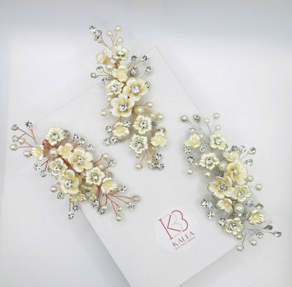 Abalone Pearl Flower Alligator Hairclip, Bridal Rhinestone Hair Accessory, Wedding Crystal Pearl Floral Hair Clip - KaleaBoutique.com