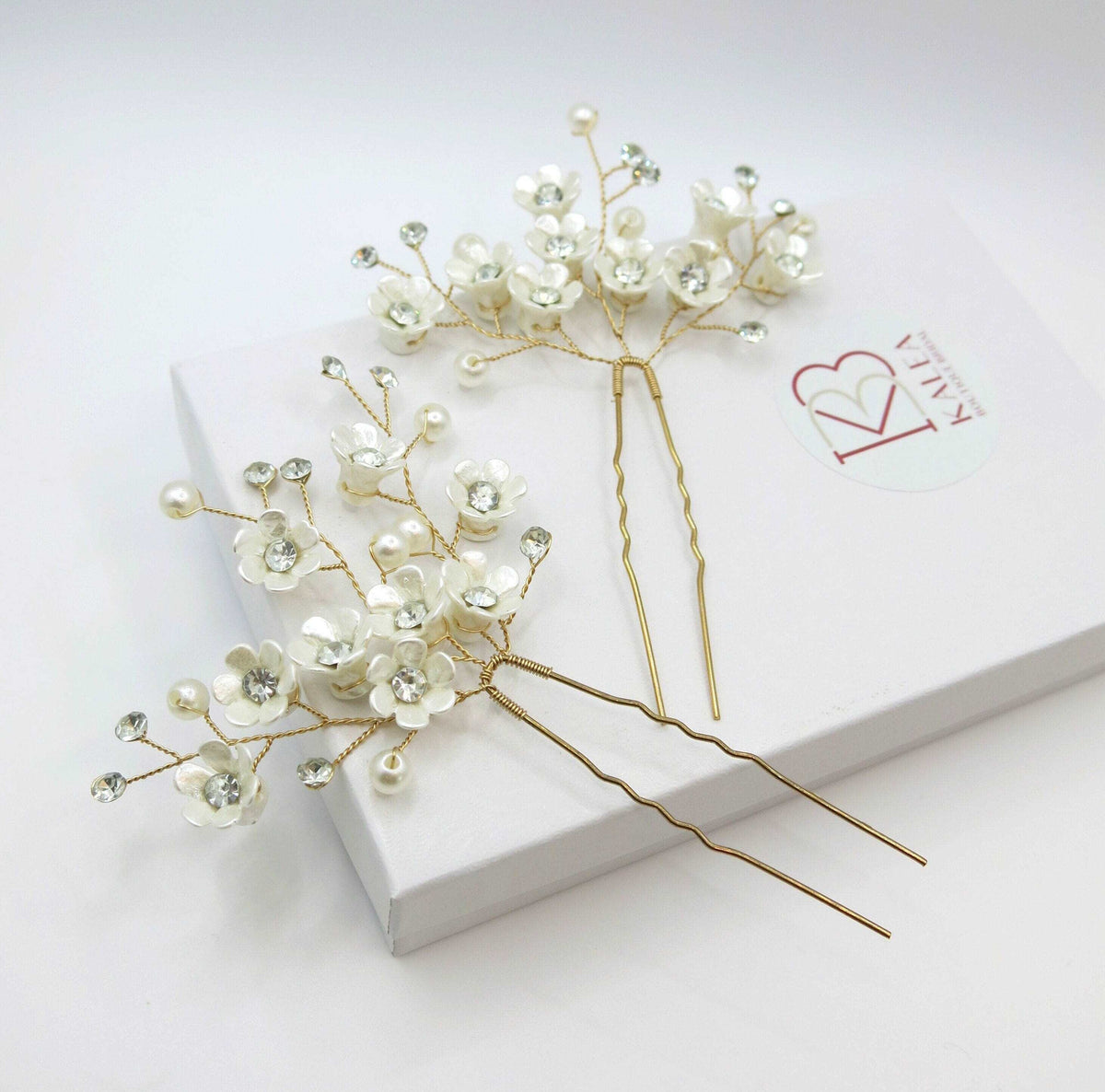 Abalone Like Flowers Large Gold Hairpin, Bridal Party Floral Hairpiece, Wedding Small Ivory Flower Hair Pin, Branch Wire Hairpin - KaleaBoutique.com