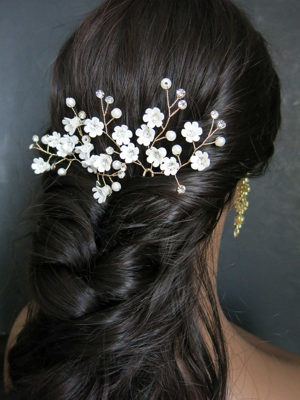Abalone Like Flowers Large Gold Hairpin, Bridal Party Floral Hairpiece, Wedding Small Ivory Flower Hair Pin, Branch Wire Hairpin - KaleaBoutique.com