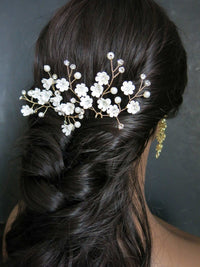 Abalone Like Flowers Large Gold Hairpin, Bridal Party Floral Hairpiece, Wedding Small Ivory Flower Hair Pin, Branch Wire Hairpin - KaleaBoutique.com
