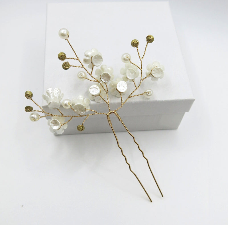 Abalone Shell Flowers Large Gold Hairpin, Bridal Party Floral Hairpiece, Wedding Small Ivory Flower Hair Pin, Three Branch Wire Hairpin - KaleaBoutique.com