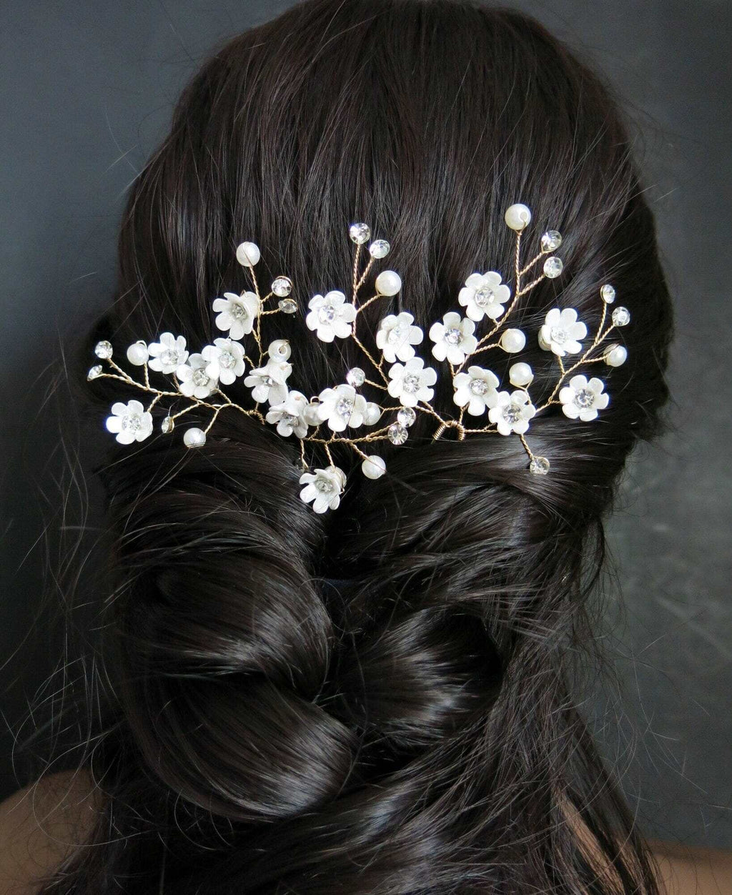 Abalone Like Flowers Large Gold Hairpin, Bridal Party Floral Hairpiece, Wedding Small Ivory Flower Hair Pin, Branch Wire Hairpin - KaleaBoutique.com