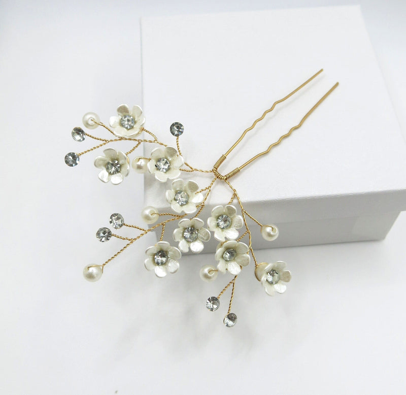 Abalone Like Flowers Large Gold Hairpin, Bridal Party Floral Hairpiece, Wedding Small Ivory Flower Hair Pin, Branch Wire Hairpin - KaleaBoutique.com
