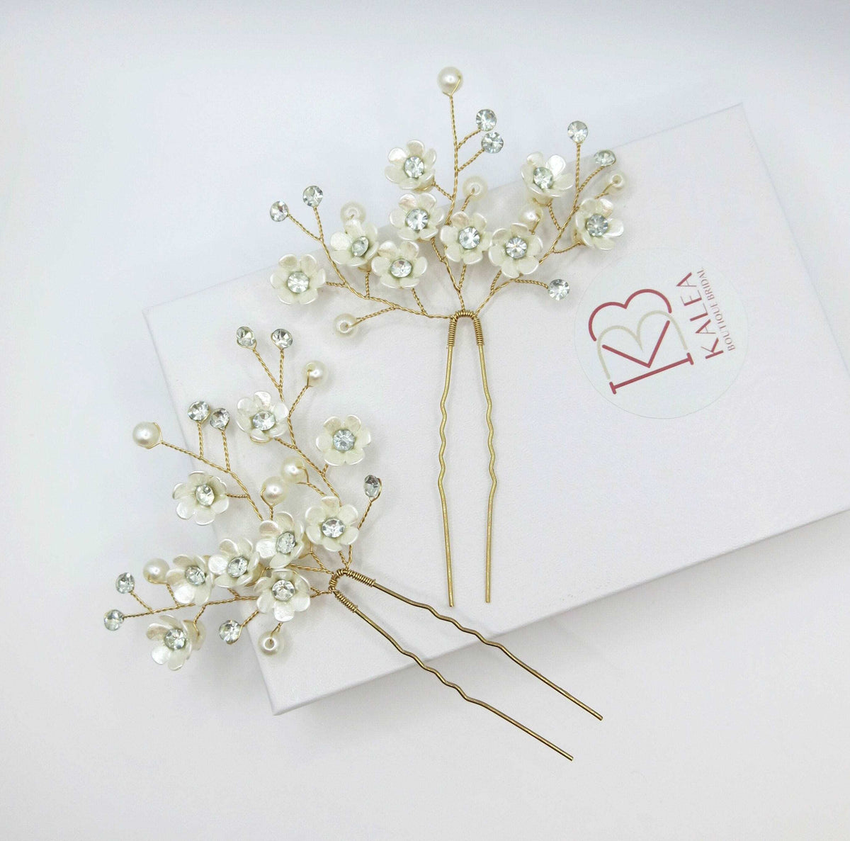 Abalone Like Flowers Large Gold Hairpin, Bridal Party Floral Hairpiece, Wedding Small Ivory Flower Hair Pin, Branch Wire Hairpin - KaleaBoutique.com
